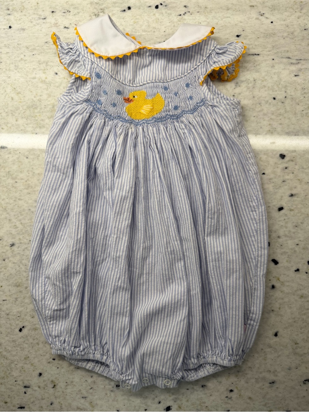 Posh Pickle Girls 2T Blue Seersucker Duck Smocked Bubble Romper